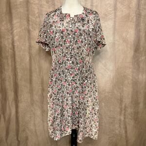 Vintage 50s Floral Foliage Print Shirt Waist Swing Dress Button Up Retro Mod Tea